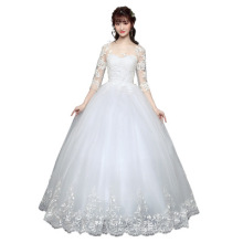SLS053YC Illusion O-neck Appliqued Lace Bridal wedding Gowns Floor Length Nigeria Ball Gown Wedding Dresses With Long Sleeves